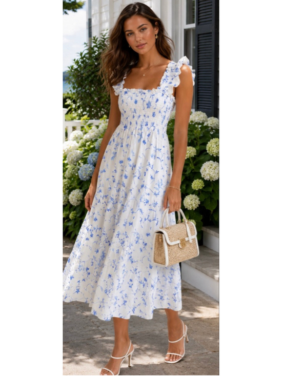 Hill House Dresses & Skirts - Hill House White Blue Floral Smocked Ruffle Midi Dress M